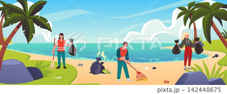 People janitor with broom and garbage bags cleaning sea or lake shore, cleaning staff street cleaning service company People janitor with broom and garbage bags cleaning sea or lake shore, cleaning staff street cleaning service company 142448675