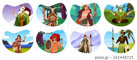 Tribal shamans with animal's horns, drum or magic wand on nature landscape vector illustration set, ancient civilization 142448725