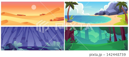 A horizontal set of natural landscapes: desert, beach, jungle, and swamp. A horizontal set of natural landscapes: desert, beach, jungle, and swamp. 142448739