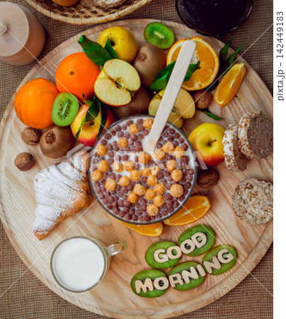 Beautiful breakfast. Milk,fruits, bread Beautiful breakfast. Milk,fruits, bread 142449183