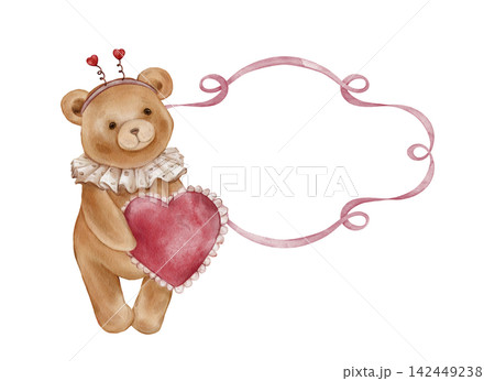 Watercolor illustration cute teddy bear holding a red heart and standing next to blank pink frame. Retro style bear wearing a vintage jabot collar. For Valentine's Day greeting cards Watercolor illustration cute teddy bear holding a red heart and standing next to blank pink frame. Retro style bear wearing a vintage jabot collar. For Valentine's Day greeting cards 142449238