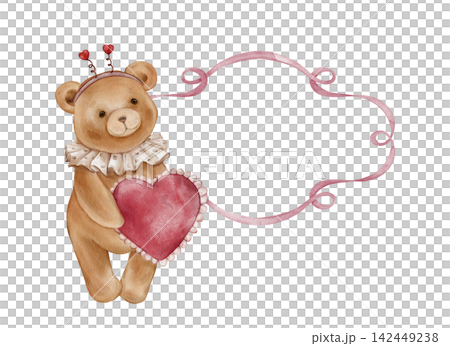 Watercolor illustration cute teddy bear holding a red heart and standing next to blank pink frame. Retro style bear wearing a vintage jabot collar. For Valentine's Day greeting cards Watercolor illustration cute teddy bear holding a red heart and standing next to blank pink frame. Retro style bear wearing a vintage jabot collar. For Valentine's Day greeting cards 142449238