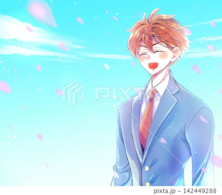 男子学生　にこにこ　桜吹雪　青空 142449288