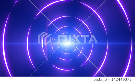 Abstract purple circular neon rings receding into a bright center, forming a sleek futuristic tunnel background. 142449375
