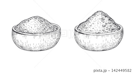 Wooden bowls with pile of ground pepper and sea salt vector illustration. Spice and seasoning powder hand drawn illustration in black ink sketch style. Monochrome cooking ingredient for recipe, menu 142449582