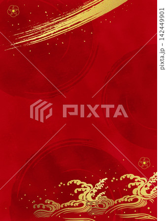 金箔筆と和柄赤背景 金箔筆と和柄赤背景 142449901