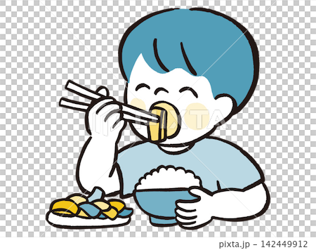 一個男孩用筷子吃米飯 | 兒童膳食、食品教育和日常生活的向量插圖。 142449912