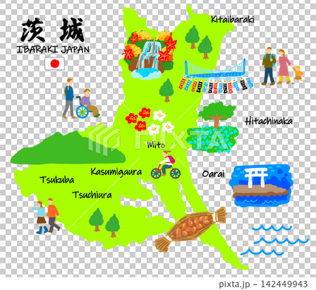 茨城縣旅遊景點手繪插圖地圖。 茨城縣旅遊景點手繪插圖地圖。 142449943