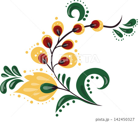 Traditional Russian floral ornament "Khokhloma" with a red flower and golden leaves. 142450327
