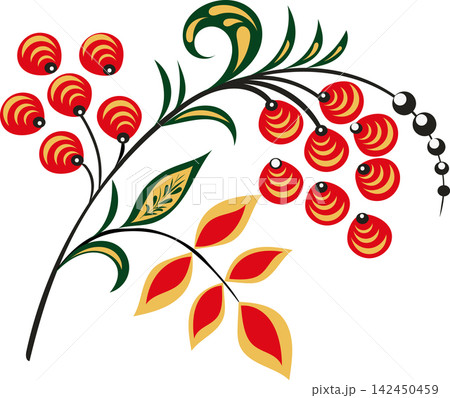 Traditional Russian floral ornament "Khokhloma" with a red flower and golden leaves. 142450459