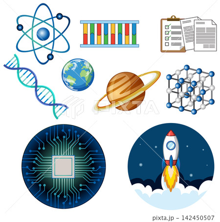 Educational Science Icons Set with Atom DNA Planets and Rocket Ship 142450507