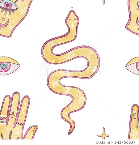 Watercolor mystical seamless pattern with esoteric magic snake, hamsa hand with eye, celestial stars. Hand drawn illustrations Cute girly background isolated on white. For stationery, tarot design 142450637