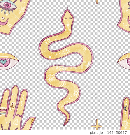 Watercolor mystical seamless pattern with esoteric magic snake, hamsa hand with eye, celestial stars. Hand drawn illustrations Cute girly background isolated on white. For stationery, tarot design 142450637