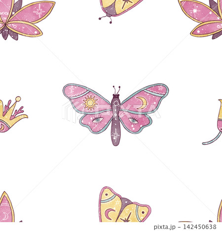 Esoteric seamless pattern with mystical pink boho butterfly, sacred lotus flowers and celestial elements isolated on white background. Watercolor illustrations for textile, wrapping and witchy prints 142450638