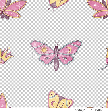 Esoteric seamless pattern with mystical pink boho butterfly, sacred lotus flowers and celestial elements isolated on white background. Watercolor illustrations for textile, wrapping and witchy prints 142450638