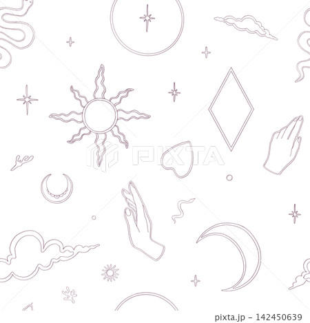 Seamless pattern with line art esoteric elements on white background. Hand drawn mystical celestial sun, moon, snake, hands. Minimalist boho magic texture for wrapping paper, fabrics, stationery Seamless pattern with line art esoteric elements on white background. Hand drawn mystical celestial sun, moon, snake, hands. Minimalist boho magic texture for wrapping paper, fabrics, stationery 142450639
