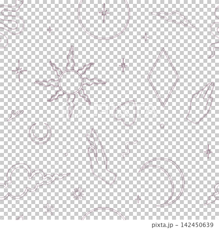Seamless pattern with line art esoteric elements on white background. Hand drawn mystical celestial sun, moon, snake, hands. Minimalist boho magic texture for wrapping paper, fabrics, stationery Seamless pattern with line art esoteric elements on white background. Hand drawn mystical celestial sun, moon, snake, hands. Minimalist boho magic texture for wrapping paper, fabrics, stationery 142450639