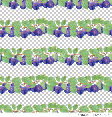 Seamless pattern of purple plum branches with leaves and whole fruits. Watercolor illustration. Fruit background for menu, textiles and fabrics. Harvest, production. Hand-drawn isolated artwork. Seamless pattern of purple plum branches with leaves and whole fruits. Watercolor illustration. Fruit background for menu, textiles and fabrics. Harvest, production. Hand-drawn isolated artwork. 142450807