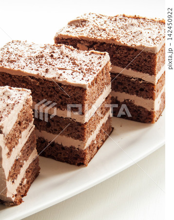 Traditional chocolate butter cocoa and condensed milk cream cake served on plate Traditional chocolate butter cocoa and condensed milk cream cake served on plate 142450922