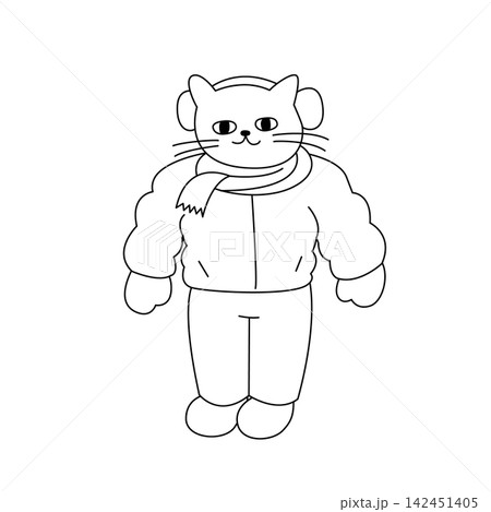 防寒着とマフラーを着用した擬人化の白い猫の線画キャラクター 防寒着とマフラーを着用した擬人化の白い猫の線画キャラクター 142451405