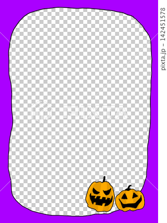 Hand-drawn Halloween pumpkin frame, A4 size (vertical), purple background, with space for copying. 142451578