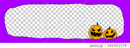 Hand-drawn Halloween pumpkin banner frame, horizontal format, purple background, with copy space. Hand-drawn Halloween pumpkin banner frame, horizontal format, purple background, with copy space. 142451579