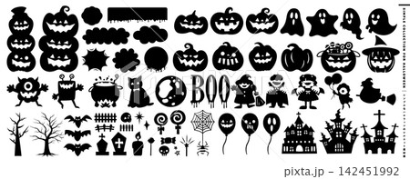 ハロウィンのベクターシルエットアイコン黒_ハロウィーンのかぼちゃのデザイン・イラスト素材 ハロウィンのベクターシルエットアイコン黒_ハロウィーンのかぼちゃのデザイン・イラスト素材 142451992