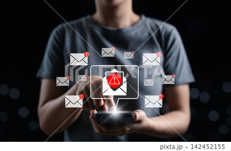 Email security alert concept. User checking warning messages on smartphone, interacting with virtual mail icons that signal phishing risk, spam detection, cyber threat awareness, inbox safety, scam Email security alert concept. User checking warning messages on smartphone, interacting with virtual mail icons that signal phishing risk, spam detection, cyber threat awareness, inbox safety, scam 142452155