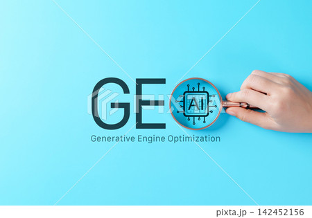 GEO Generative Engine Optimization concept. Hand holding magnifying glass over AI search text, symbolizing content visibility, machine-driven discovery, digital strategy, search innovation, marketing, GEO Generative Engine Optimization concept. Hand holding magnifying glass over AI search text, symbolizing content visibility, machine-driven discovery, digital strategy, search innovation, marketing, 142452156