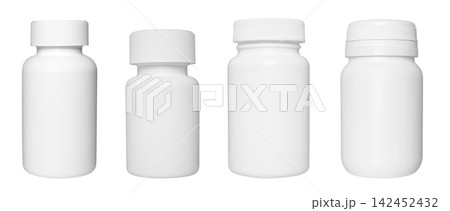 Set of blank white pill bottles isolated on transparent background. Product photography collection of pharmaceutical containers for medicine, healthcare, pharmacy and packaging design 142452432