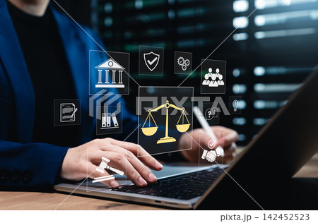 Law Concept. Legal professional or lawyer working at law firm office with icons symbolizing AI law, justice, legal services. Business legislation, notary public, legal advice online, litigation court Law Concept. Legal professional or lawyer working at law firm office with icons symbolizing AI law, justice, legal services. Business legislation, notary public, legal advice online, litigation court 142452523