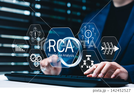Root Cause Analysis (RCA) concept. Businesswoman analyzing data using root cause analysis on computer, visualizing workflow, problem-solving process for quality improvement, effective decision making Root Cause Analysis (RCA) concept. Businesswoman analyzing data using root cause analysis on computer, visualizing workflow, problem-solving process for quality improvement, effective decision making 142452527