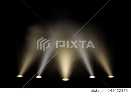 Mixed white and golden stage spotlights with smoky beams Mixed white and golden stage spotlights with smoky beams 142452576