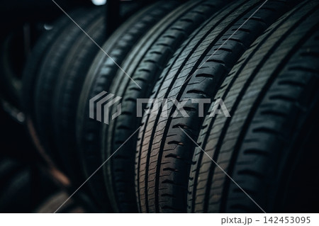 Close-up view of stacked black rubber tires with detailed tread patterns and shadows, showcasing the texture and design of automotive tires in a storage area Close-up view of stacked black rubber tires with detailed tread patterns and shadows, showcasing the texture and design of automotive tires in a storage area 142453095
