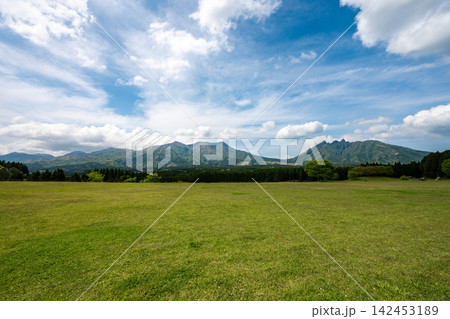 南阿蘇の草原から望む阿蘇五岳,熊本県 南阿蘇の草原から望む阿蘇五岳,熊本県 142453189