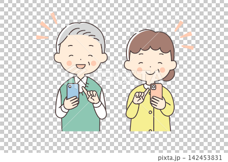 圖:一位老年男性和一位老年女性手持智慧型手機,開懷大笑,圖中僅出現上半身。 圖:一位老年男性和一位老年女性手持智慧型手機,開懷大笑,圖中僅出現上半身。 142453831