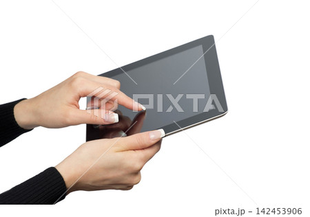 tablet computer in hands. Isolated over white background. tablet computer in hands. Isolated over white background. 142453906