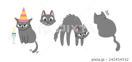 Set of funny angry gray cat characters showing rage, irritation and grumpy emotions, meme style concept. Trendy modern vector illustration isolated on white background, hand drawn, flat design 142454532