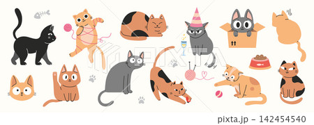 Set of various cats in different poses, emotions and daily activities. Playing, sleeping and funny reactions. Trendy modern vector illustration isolated on white background, hand drawn, flat design Set of various cats in different poses, emotions and daily activities. Playing, sleeping and funny reactions. Trendy modern vector illustration isolated on white background, hand drawn, flat design 142454540