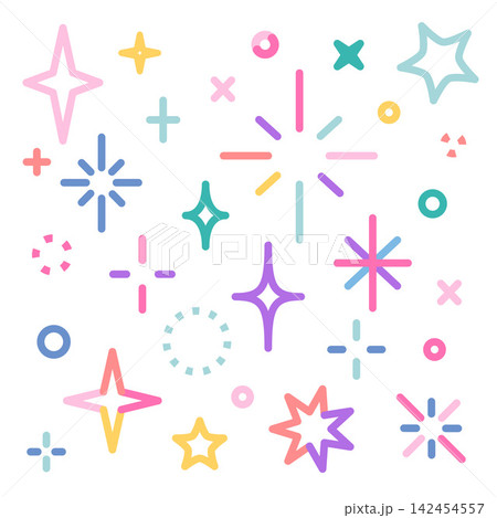 Star and sparkle elements set in bright pastel colors. Decorative twinkle icons for festive and magical design. Trendy modern vector illustration isolated on white background 142454557