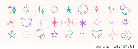 Decorative elements set including rainbow soap bubbles, stars, hearts and sparkles. Iridescent transparent spheres in modern playful style. Trendy vector illustration Decorative elements set including rainbow soap bubbles, stars, hearts and sparkles. Iridescent transparent spheres in modern playful style. Trendy vector illustration 142454561
