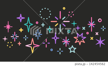 Neon stars, sparkles and fireworks bursts on dark background. Glowing festive light elements set. Trendy modern vector illustration Neon stars, sparkles and fireworks bursts on dark background. Glowing festive light elements set. Trendy modern vector illustration 142454562