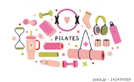 Round composition with Pilates equipment and accessories like Mat, ring, dumbbells, resistance band and roller. Trendy modern vector illustration isolated on white, hand drawn, flat design Round composition with Pilates equipment and accessories like Mat, ring, dumbbells, resistance band and roller. Trendy modern vector illustration isolated on white, hand drawn, flat design 142454569
