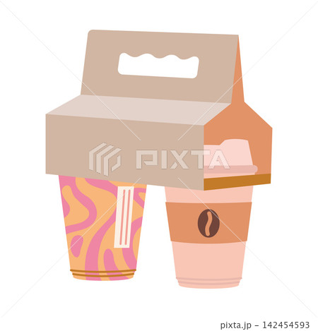 Takeaway coffee cups in cardboard carrier holder. Delivery and to go drink concept. Trendy modern vector illustration isolated on white background, hand drawn, flat design 142454593