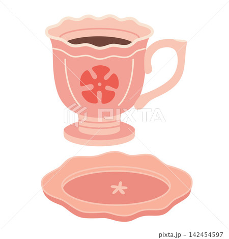 Vintage teacup with saucer and decorative shape. Elegant drinkware for tea or coffee. Trendy modern vector illustration isolated on white background, hand drawn, flat design Vintage teacup with saucer and decorative shape. Elegant drinkware for tea or coffee. Trendy modern vector illustration isolated on white background, hand drawn, flat design 142454597