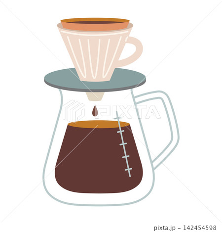 Pour over coffee dripper with glass carafe. Manual brewing process. Trendy modern vector illustration isolated on white background, hand drawn, flat design Pour over coffee dripper with glass carafe. Manual brewing process. Trendy modern vector illustration isolated on white background, hand drawn, flat design 142454598