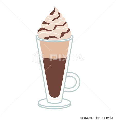 Glass of latte with whipped cream. Sweet dessert style coffee drink. Trendy modern vector illustration isolated on white background, hand drawn, flat design Glass of latte with whipped cream. Sweet dessert style coffee drink. Trendy modern vector illustration isolated on white background, hand drawn, flat design 142454618