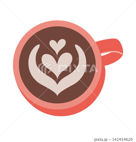 Top view coffee cup with latte art heart pattern. Barista drink presentation concept. Trendy modern vector illustration isolated on white background, hand drawn, flat design Top view coffee cup with latte art heart pattern. Barista drink presentation concept. Trendy modern vector illustration isolated on white background, hand drawn, flat design 142454620