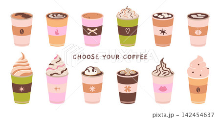 Set of takeaway cups with latte, cappuccino, mocha, hot chocolate and more. Sweet beverages with toppings for cafe menu design. Trendy modern vector illustration isolated on white, flat design Set of takeaway cups with latte, cappuccino, mocha, hot chocolate and more. Sweet beverages with toppings for cafe menu design. Trendy modern vector illustration isolated on white, flat design 142454637
