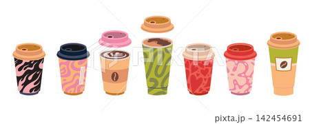 Set of takeaway coffee cups with different sizes and designs. Colorful to go beverages for cafe menu, branding and drink selection. Trendy modern vector illustration, hand drawn, flat design Set of takeaway coffee cups with different sizes and designs. Colorful to go beverages for cafe menu, branding and drink selection. Trendy modern vector illustration, hand drawn, flat design 142454691